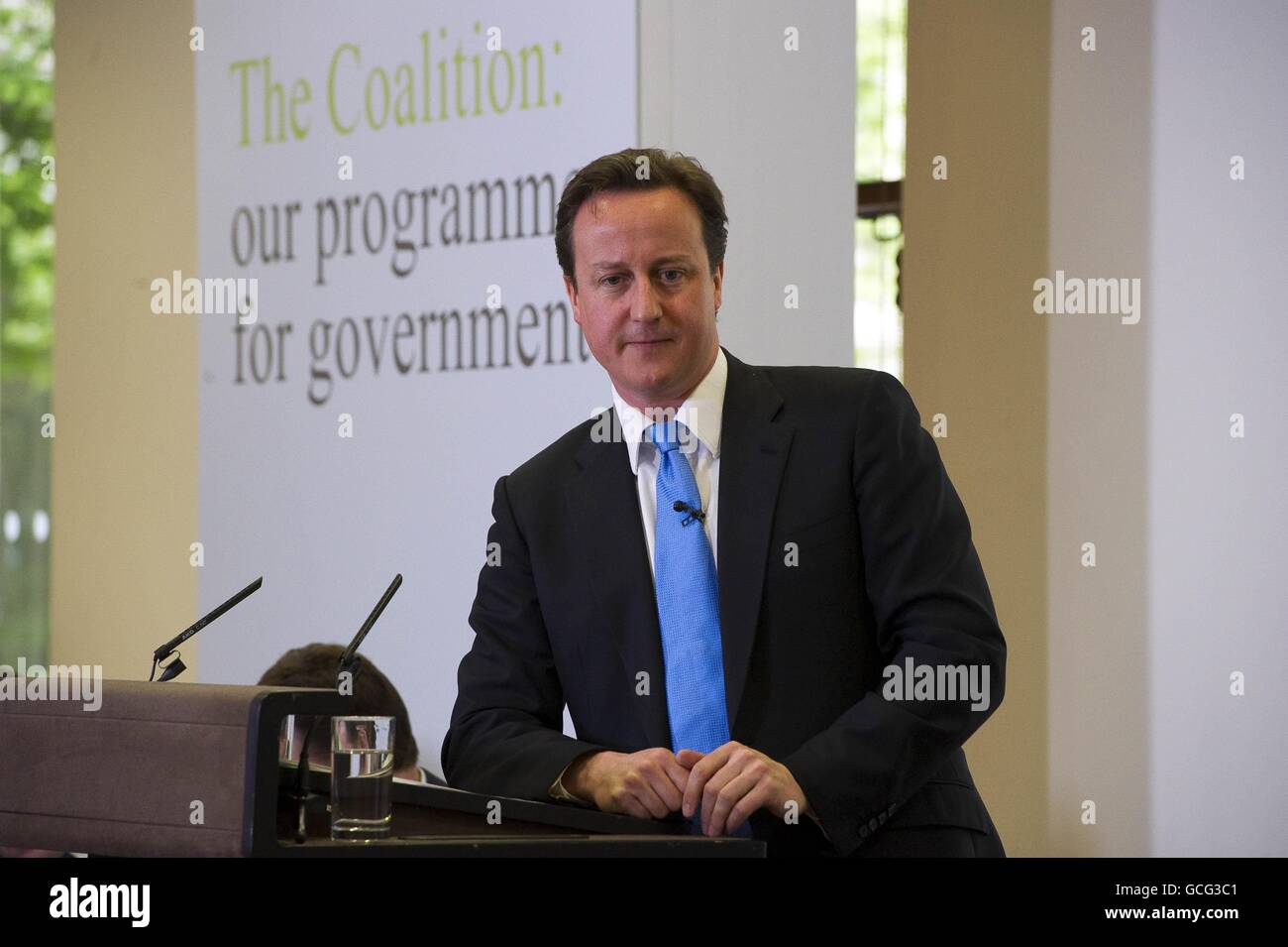 Prime Minister David Cameron speaks during the launch of the Government Programme Coalition Agreement document, at the Treasury in central London. Stock Photo