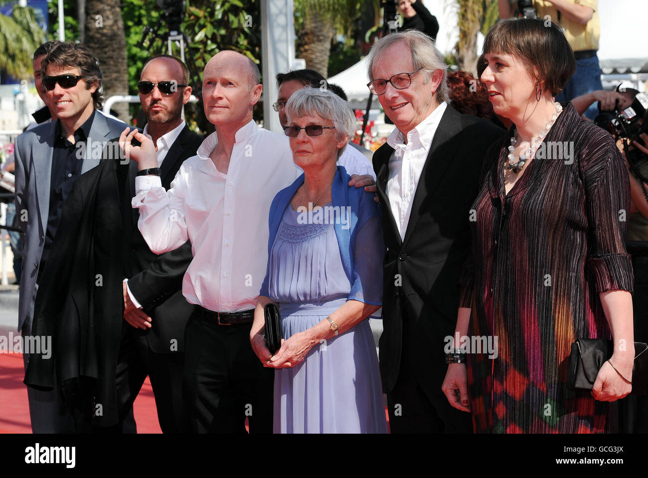 (left to right) Actor John Bishop, actor Mark Womack, screenwriter Paul Laverty, wife of the director Lesley Ashton, director Ken Loach and producer Rebecca O'Brien attend the premiere of Route Irish, during the 63rd Cannes Film Festival, France. The film is a late entry for the Palme D'Or. Stock Photo