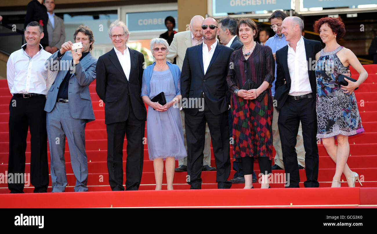 (left to right) Actor Trevor Williams, actor John Bishop, director Ken Loach, wife of the director Lesley Ashton, actor Mark Womack, producer Rebecca O'Brien and screenwriter Paul Laverty attend the premiere of Route Irish, during the 63rd Cannes Film Festival, France. The film is a late entry for the Palme D'Or. Stock Photo