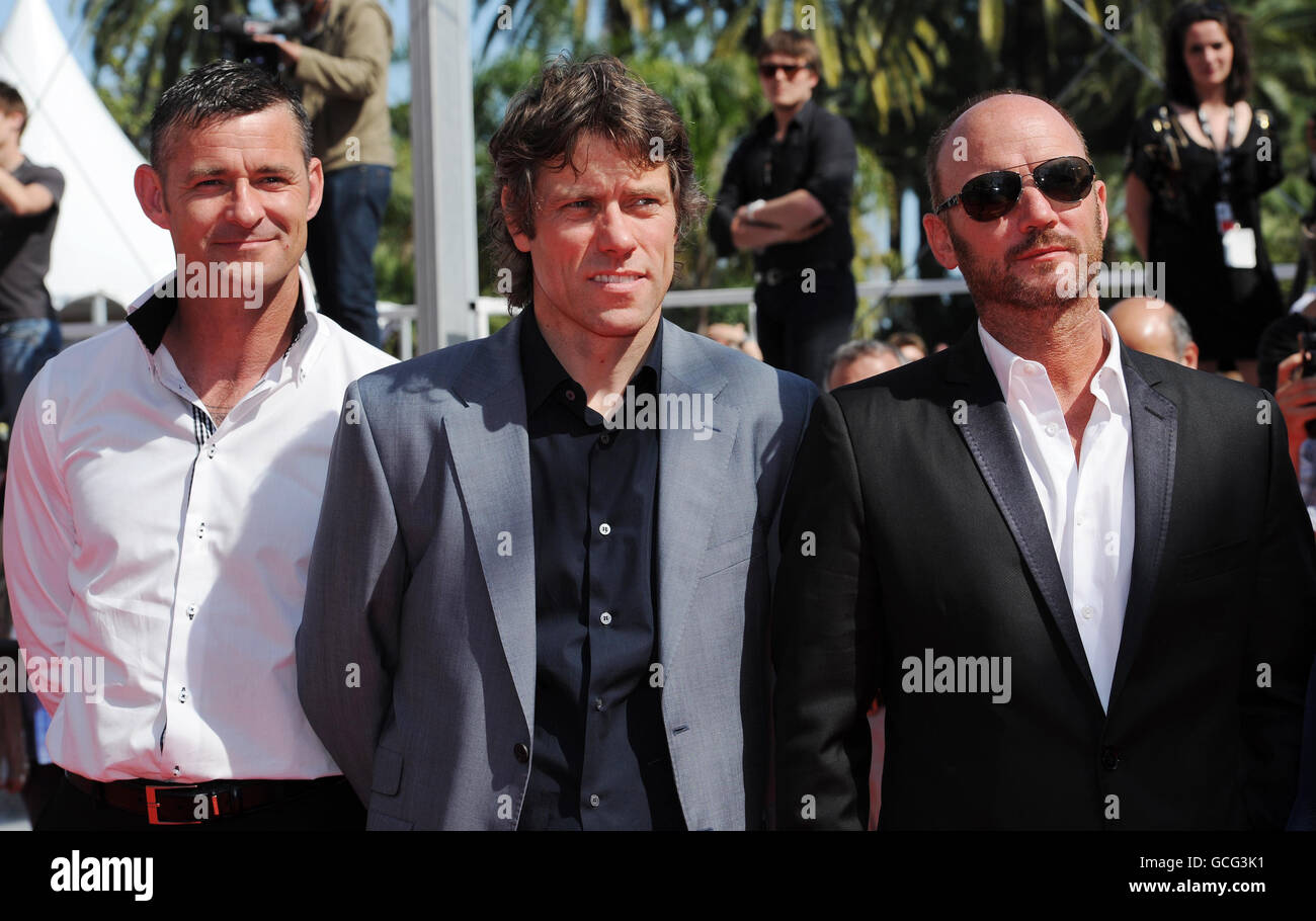 Actors Trevor Williams (left), John Bishop (centre) and Mark Womack (right) attend the premiere of Ken Loach's Route Irish in which they star, during the 63rd Cannes Film Festival, France. The film is a late entry for the Palme D'Or. Stock Photo