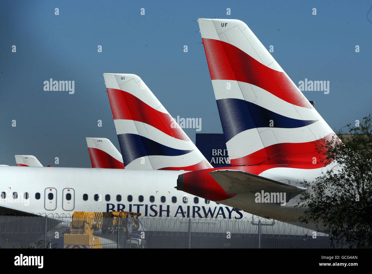 Grounded British Airways planes at Heathrow Airport. BA cabin crew launched the first of a wave of strikes which threatens to disrupt flights for weeks. Stock Photo