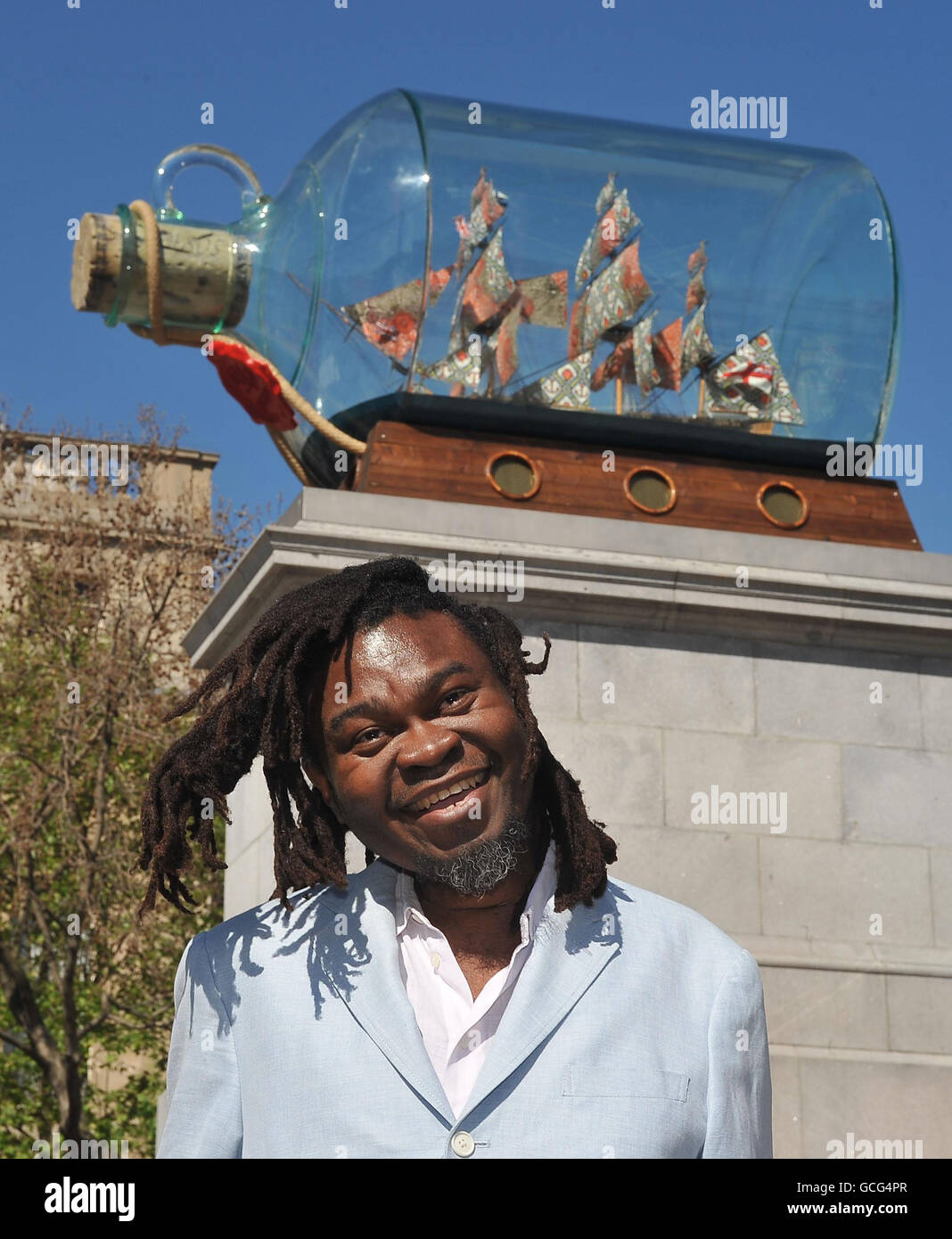 Artist Yinka Shonibare unveils his new work, Nelson's Ship In A Bottle, on the fourth plinth in Trafalgar Square, London. Stock Photo