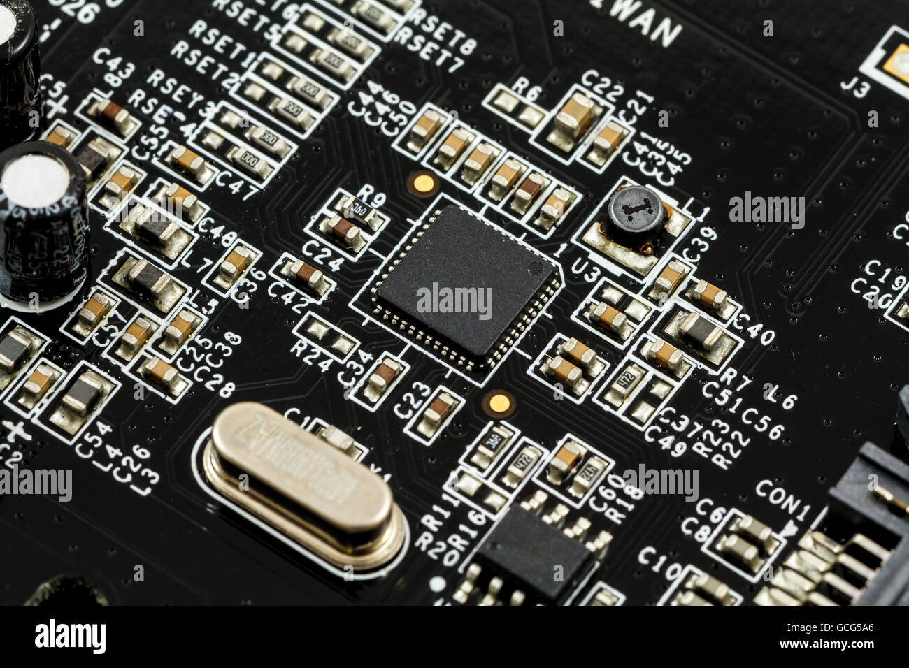 Printed Circuit Board (PCB) with, ICs, Capacitors, and Resistors Stock