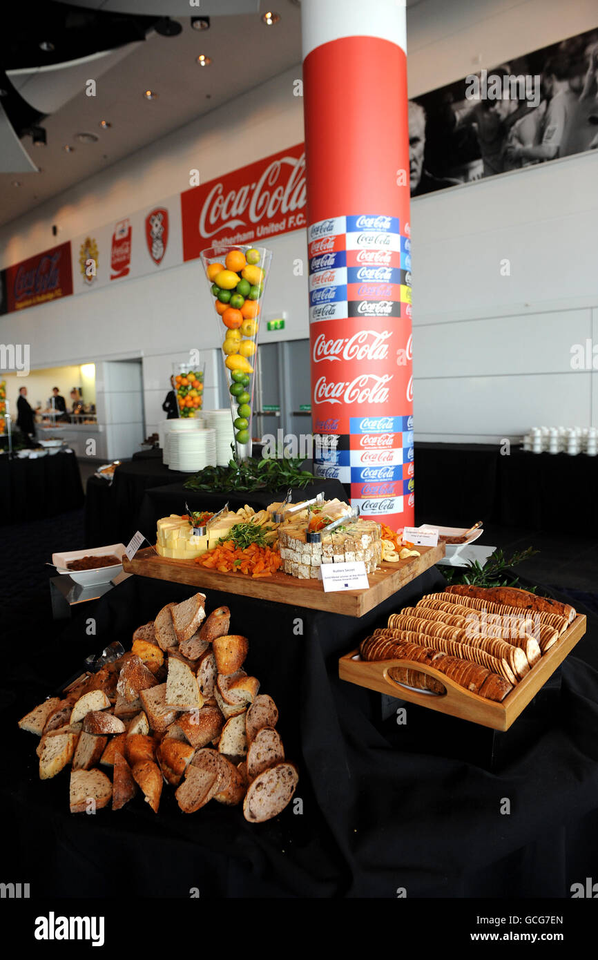 General view of food in the Wembley suite at Wembley Stadium Stock