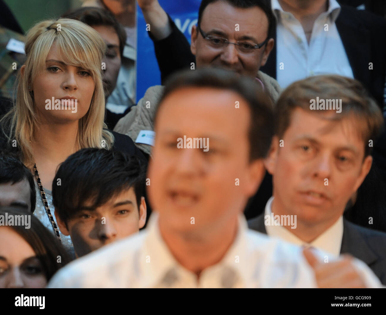 Conservative Party leader David Cameron speaks to party supporters at a rally at Linn Products in East Renfrewshire in Scotland today. Stock Photo