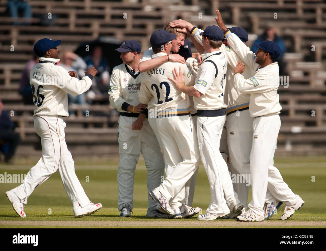 Yorkshire's Steve Patterson celebrates dismissing Essex's Alastair Cook during the LV County Championship match at Scarborough Cricket Ground, Scarborough. Stock Photo