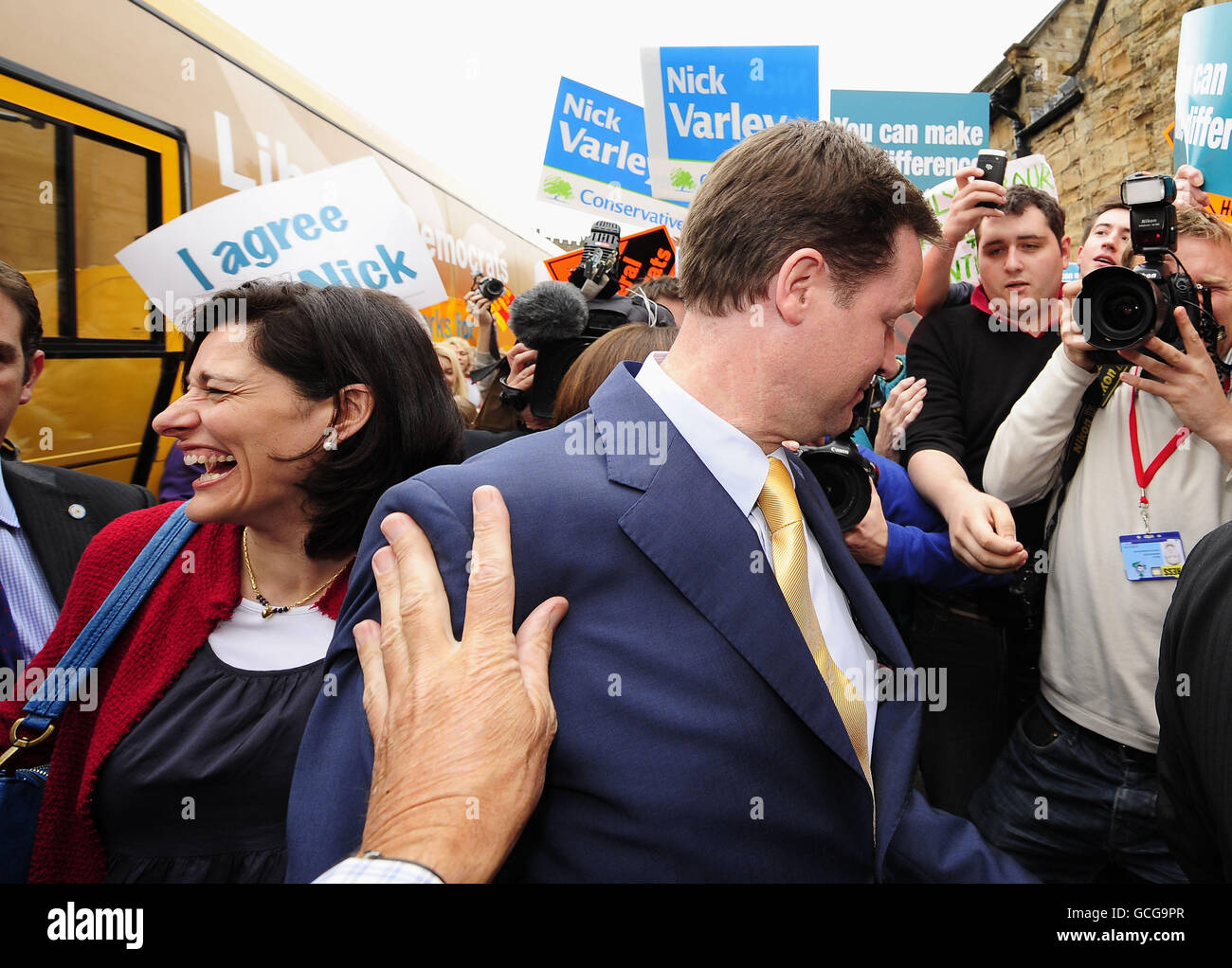 The Liberal Democrat Party leader Nick Clegg greets people as he arrives for a meeting with University students in Durham this afternoon. Stock Photo