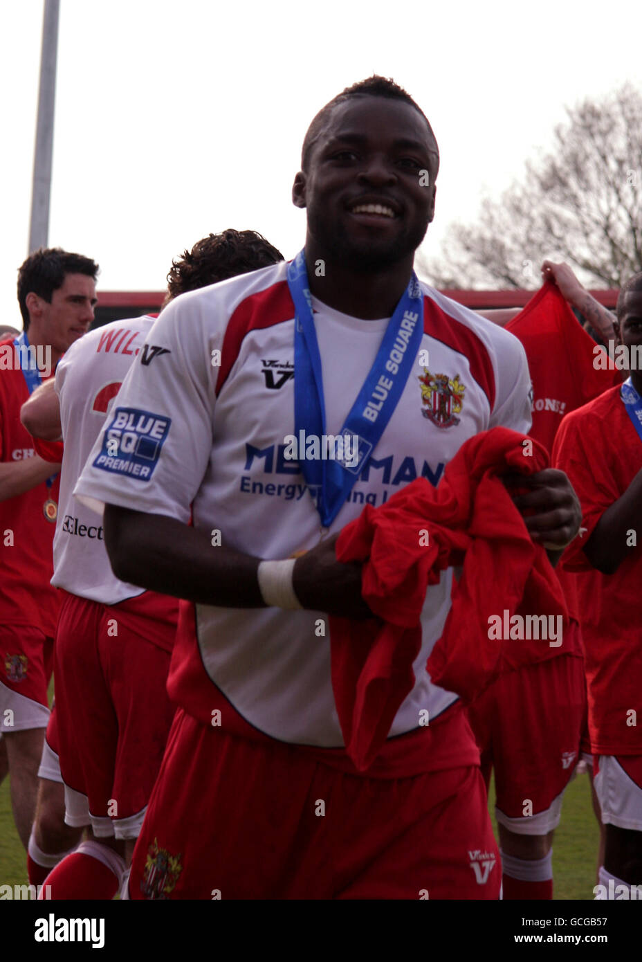 Soccer - Blue Square Premier League -Stevenage Borough v York City - Broadhall Way. Stevenage Borough Yemi Odubade throws his promotional T-shirt into the crowd Stock Photo