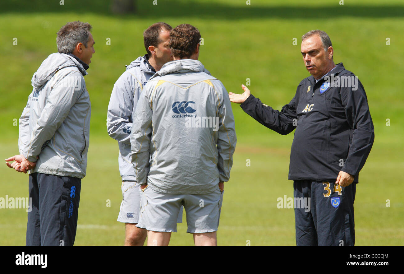 Soccer - Portsmouth Media Day - Wellington Sports Ground. Portsmouth manager Avram Grant (right) with his assistants during the media day at Wellington Sports Ground, Portsmouth. Stock Photo