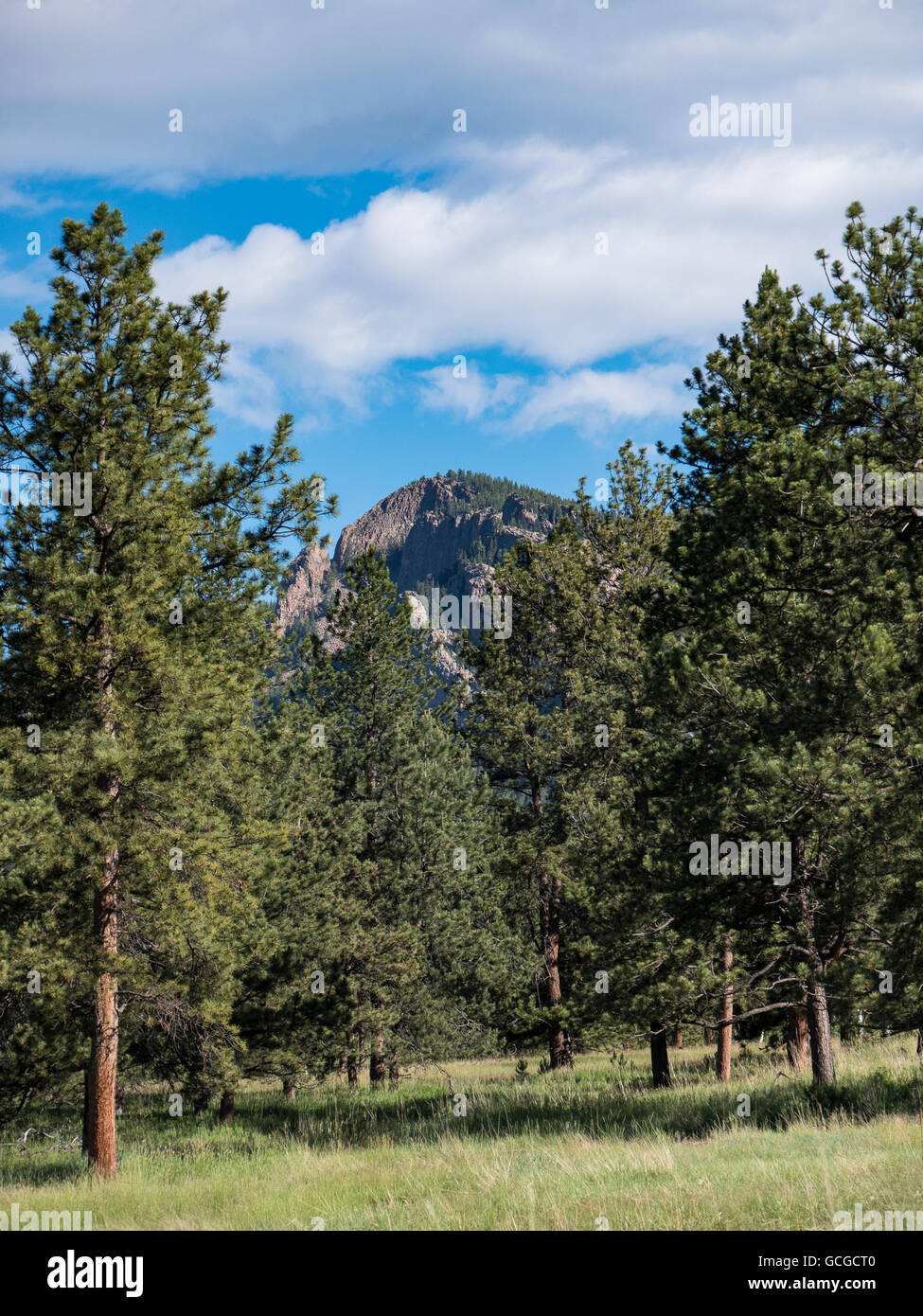 Rock outcroppings seen from the meadow along Mason Creek Trail, Staunton State Park, Pine, Colorado. Stock Photo
