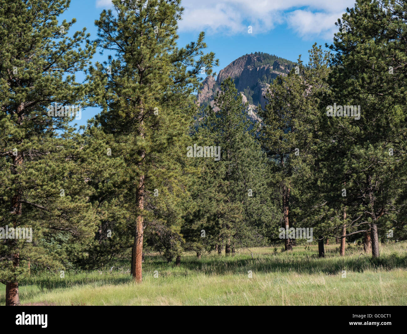 Rock outcroppings seen from the meadow along Mason Creek Trail, Staunton State Park, Pine, Colorado. Stock Photo