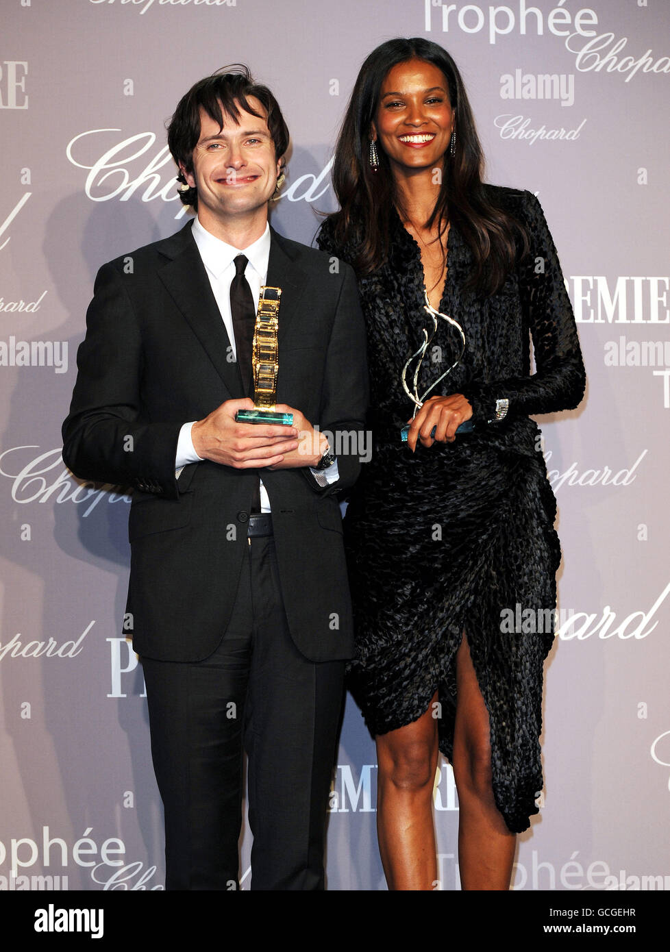 The winners of the 2010 Chopard Trophies for the best newcomer actor and actress, Edward Hogg and Liya Kebede, during the award ceremony on the second day of the Cannes Film Festival, France. Stock Photo