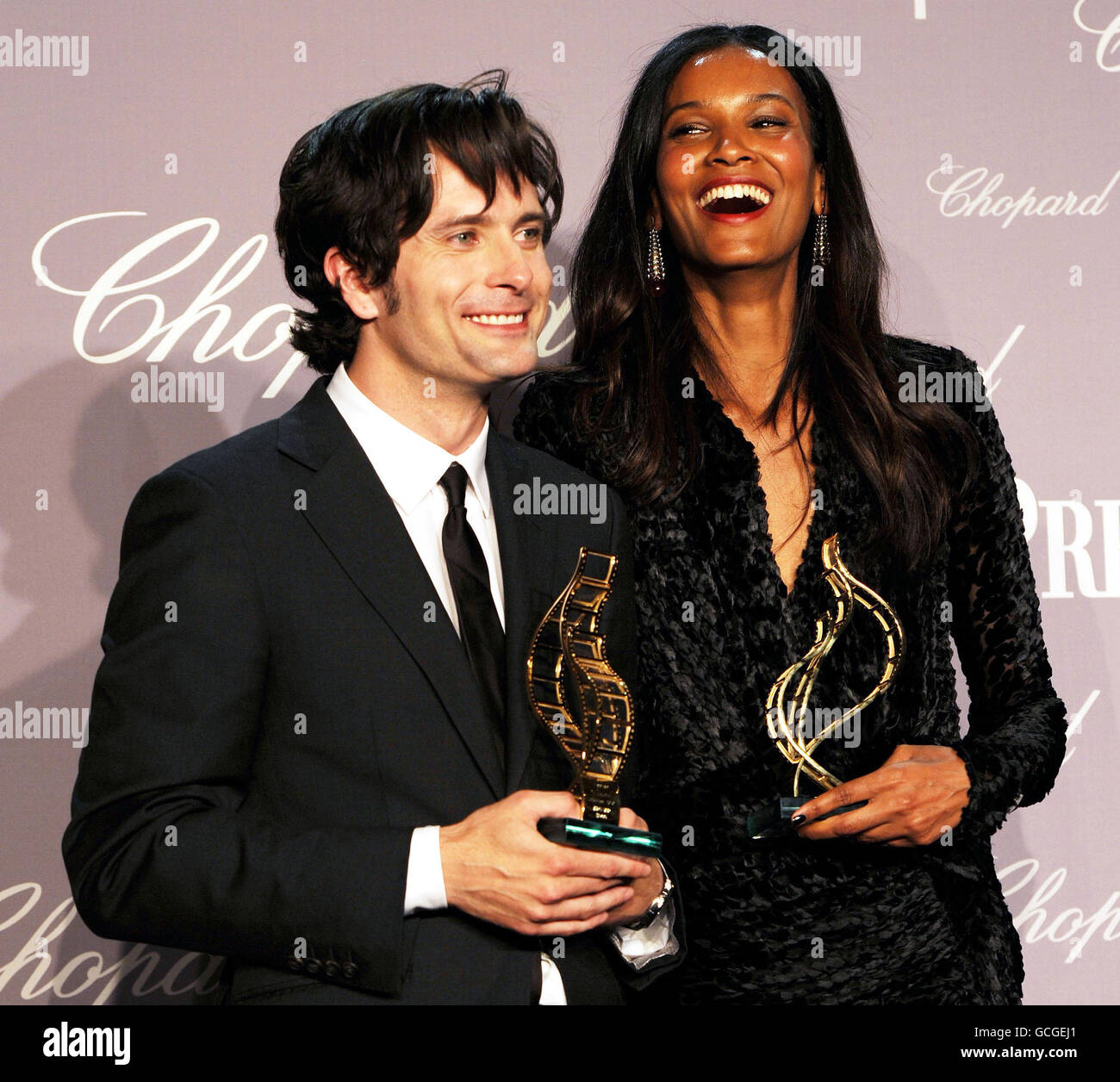 The winners of the 2010 Chopard Trophies for the best newcomer actor and actress, Edward Hogg and Liya Kebede, during the award ceremony on the second day of the Cannes Film Festival, France. Stock Photo