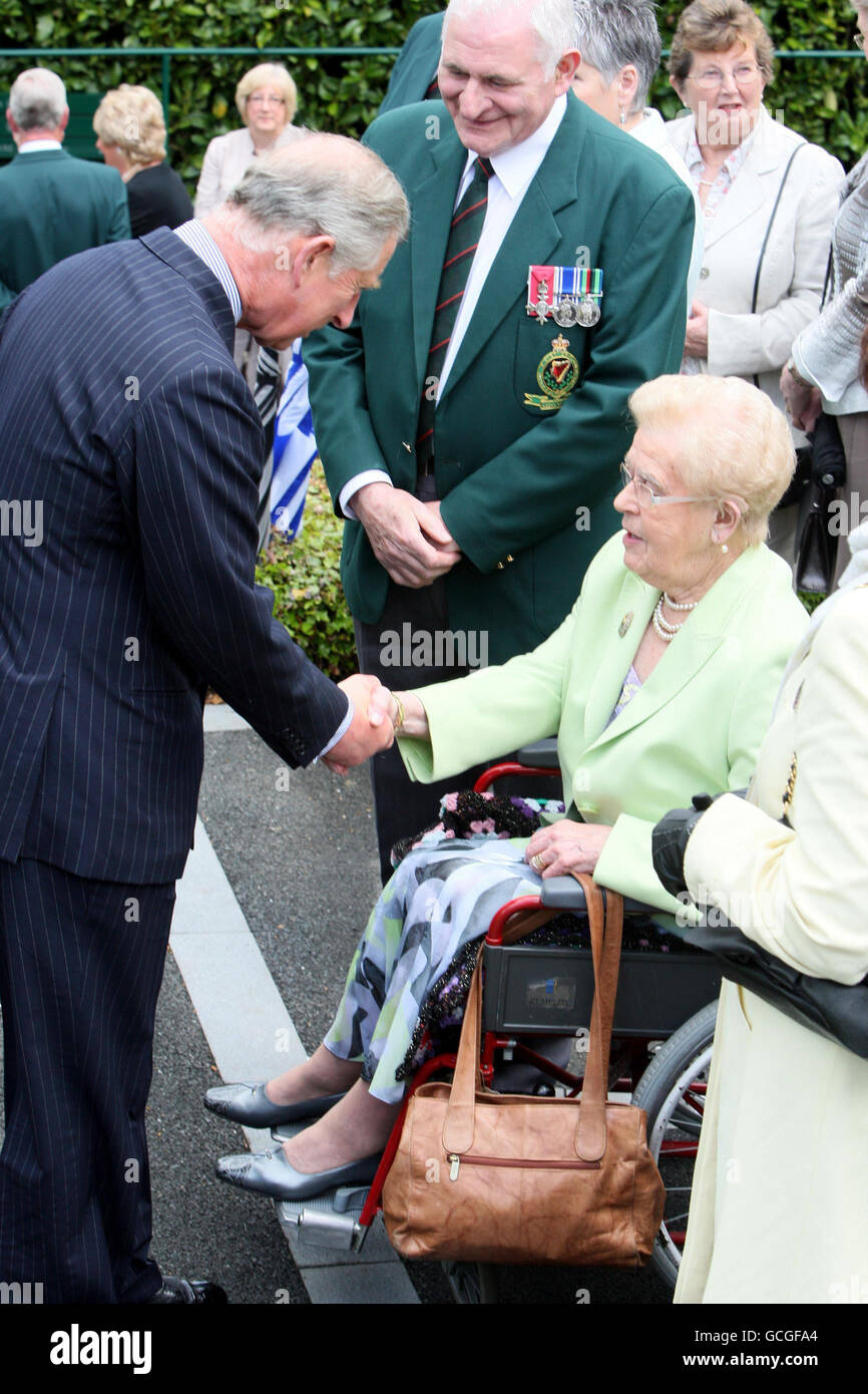 The Prince of Wales meets Ex RUC officers and their families (names not supplied), in the Royal Ulster Constubulary,George Cross Foundation memorial gardens at Police Headquarters in Belfast, Northern Ireland. Stock Photo