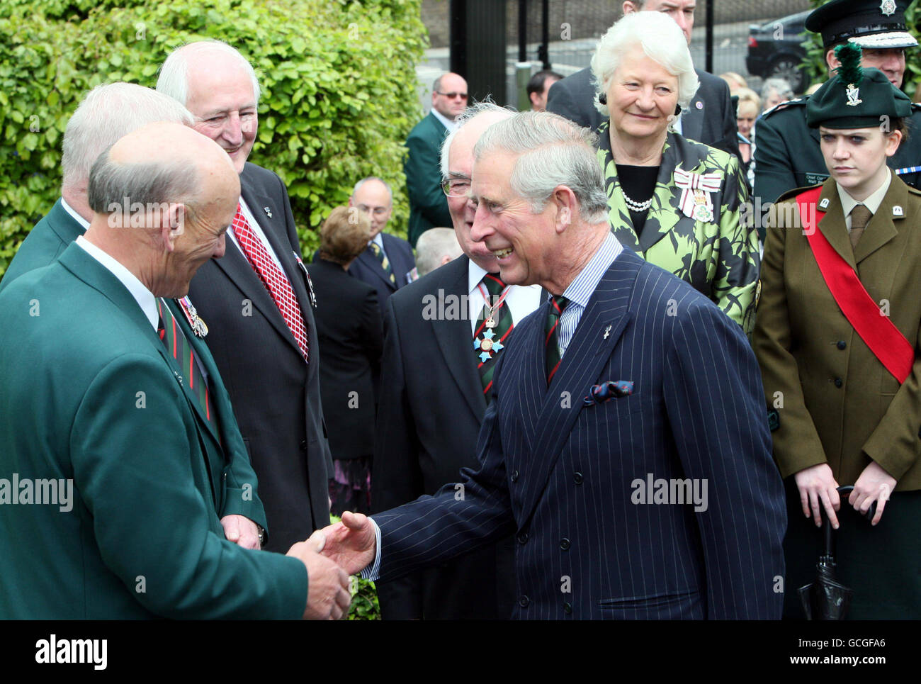 The Prince of Wales meets Ex RUC officers and their families (names not supplied), in the Royal Ulster Constubulary,George Cross Foundation memorial gardens at Police Headquarters in Belfast, Northern Ireland. Stock Photo
