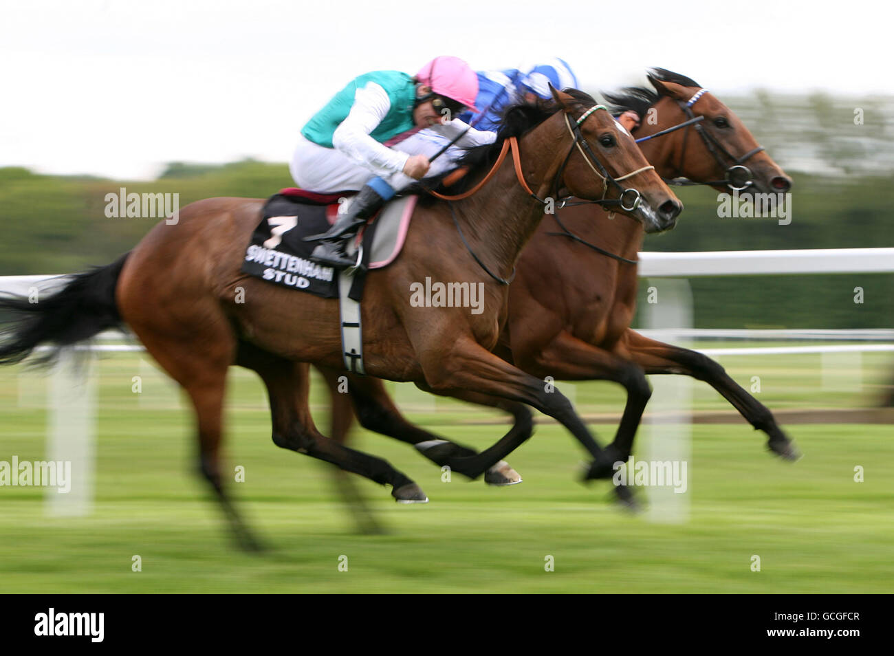 Horse Racing - Berkshire County Blind Society Centenary Raceday - Newbury Racecourse. Principal Role ridden by Eddie Ahern (pink) wins the Swettenham Stud Fillies' Trial Stakes Stock Photo