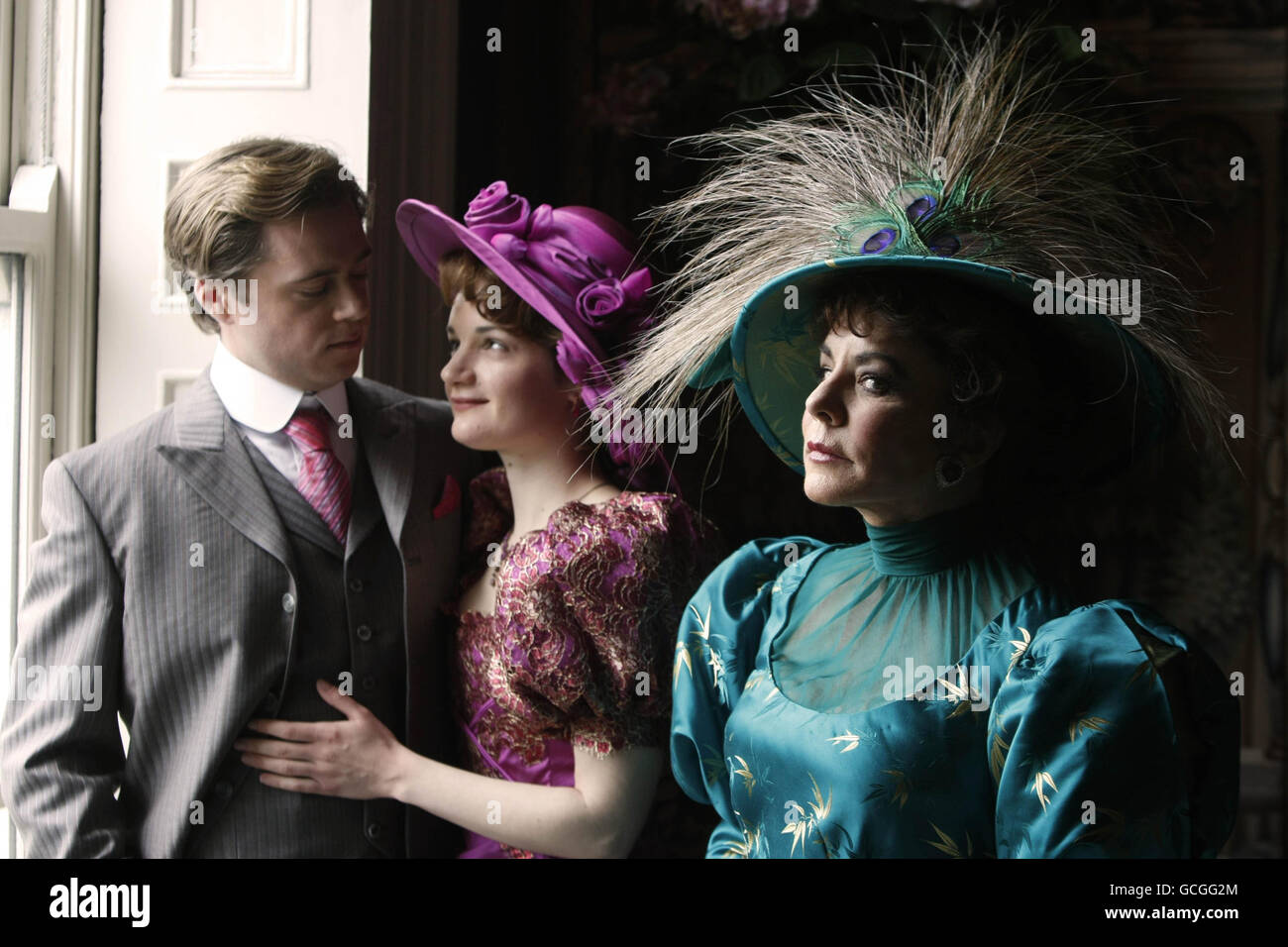 (left to right) Rory Keenan, Aoife Duffin with fellow cast member, West Wing star Stockard Channing, right, who will play Lady Bracknell in Rough Magic's production of The Importance of Being Earnest, during a photocall in Dublin, ahead of it's opening at the Gaiety Theatre and which runs from June 2-19. Stock Photo