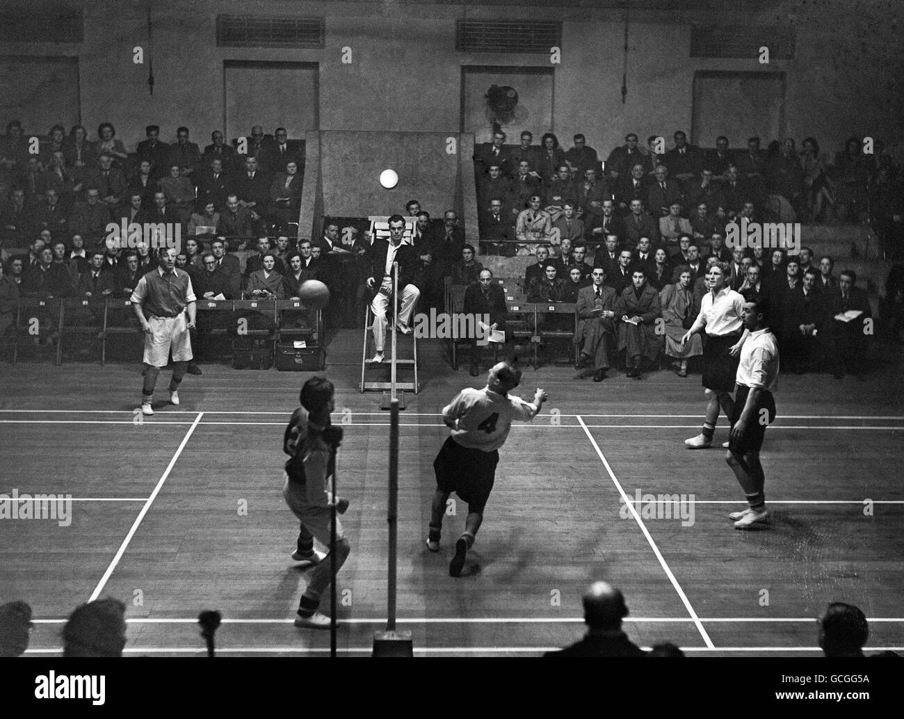 A general view of the 'Head Tennis' contest between Arsenal and Charlton (white shirts) Stock Photo
