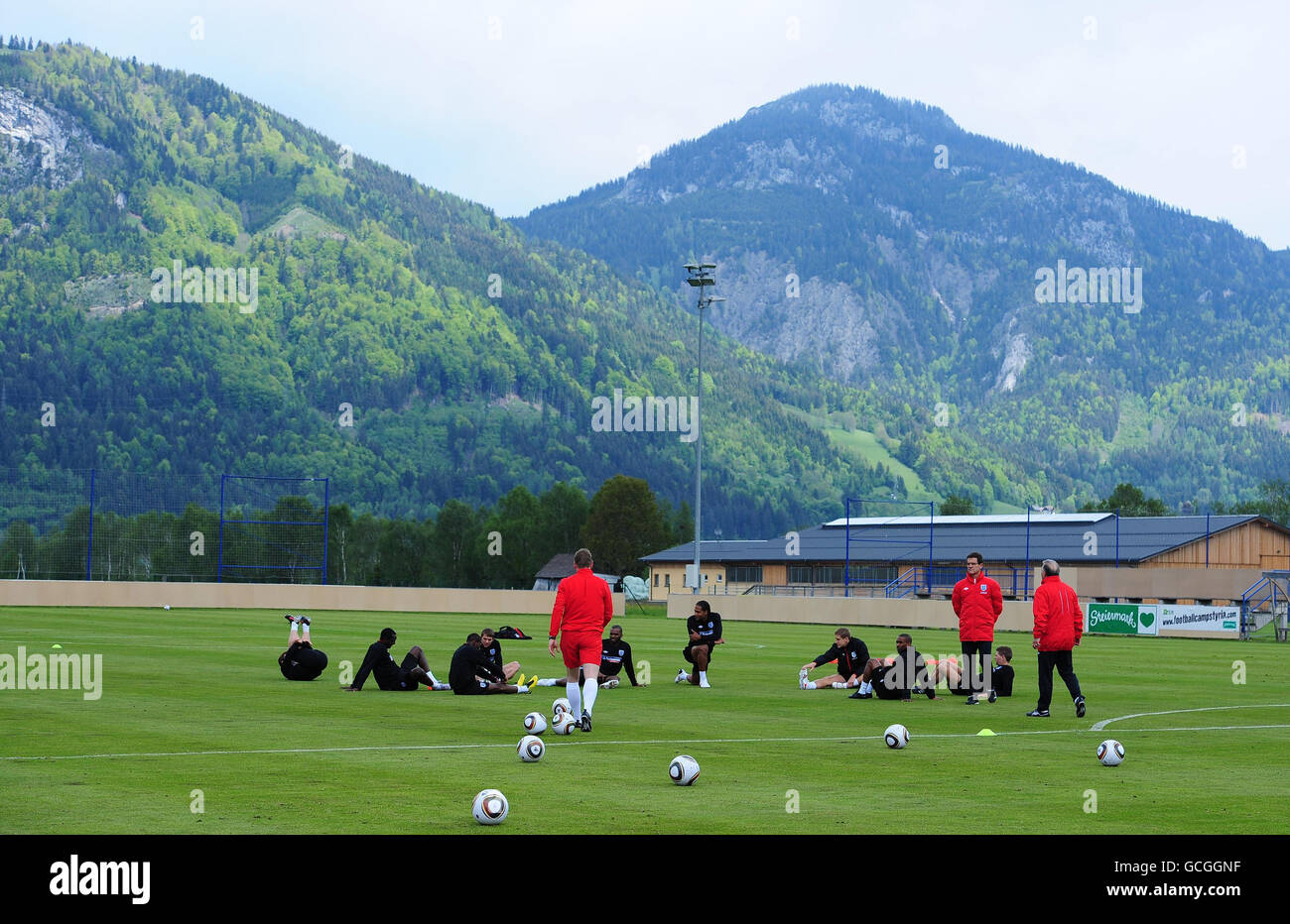 England players stretch during the training session at the ATV Arena, Irdning, Austria. Stock Photo