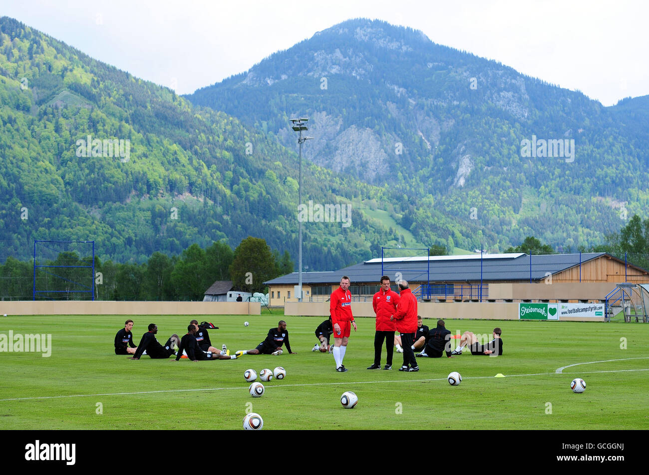 England players stretch during the training session at the ATV Arena, Irdning, Austria. Stock Photo