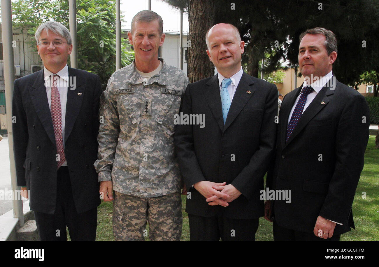 General Stanley McChrystal, Commander of International Security Assistance Force (ISAF) meets (from left) International Development Secretary Andrew Mitchell, Foreign Secretary William Hague and Defence Secretary Liam Fox at ISAF HQ in Kabul, Afghanistan during a visit by the politicians to the area. Stock Photo