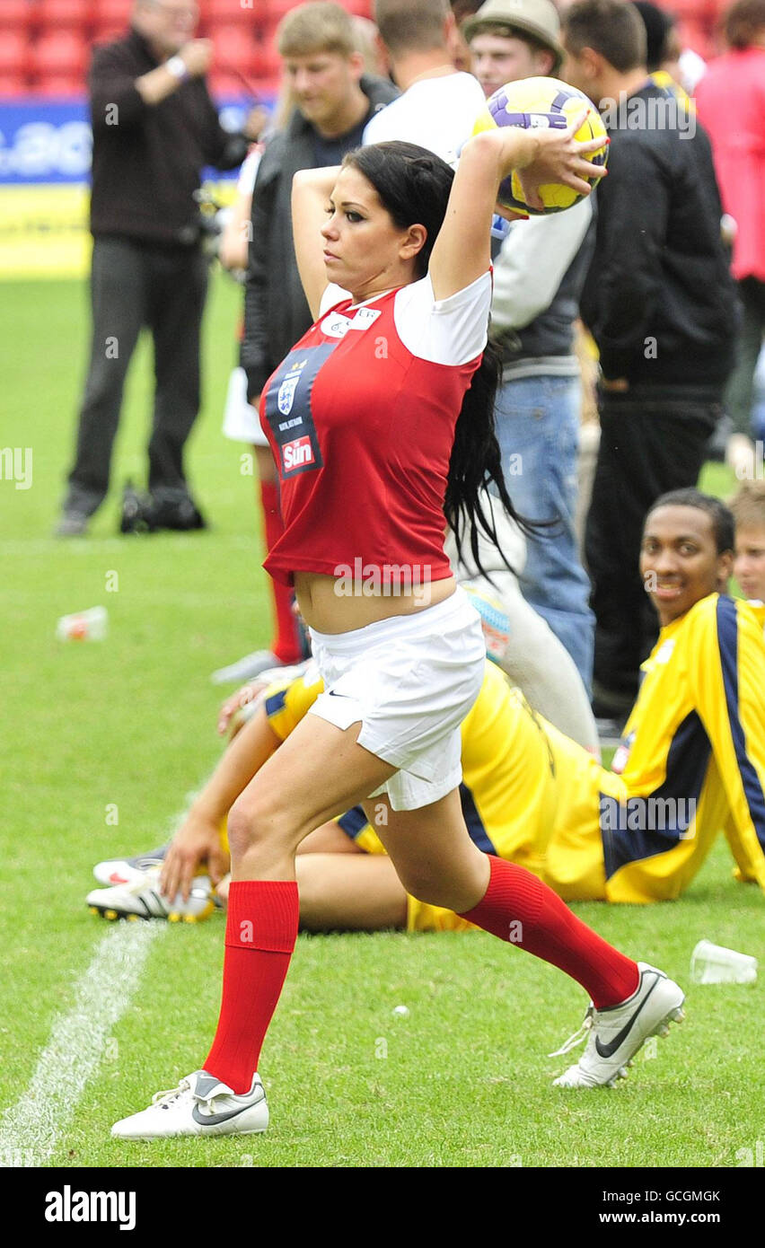 Bianca Gascoigne of the Kiss FM team during the annual Soccer Six