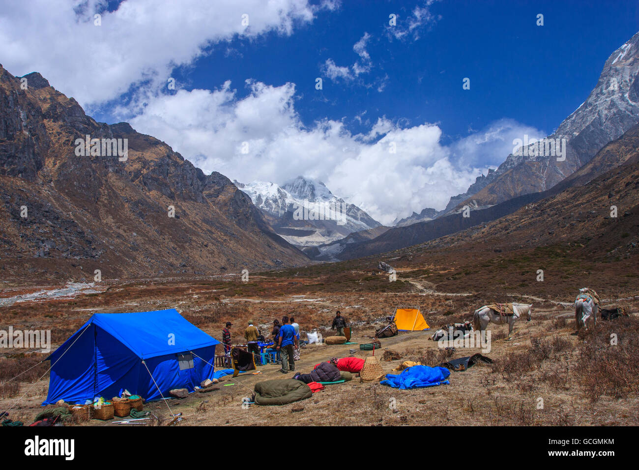 Camping Site of Goecha La Trekking Trail in Sikkim (India) Stock Photo