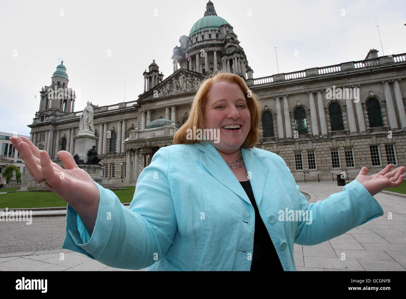 Naomi Long, 38, outside Belfast City Hall, Donegall Square, Belfast, following her win over Democratic Unionist leader Peter Robinson in East Belfast, during the 2010 General Election. Stock Photo