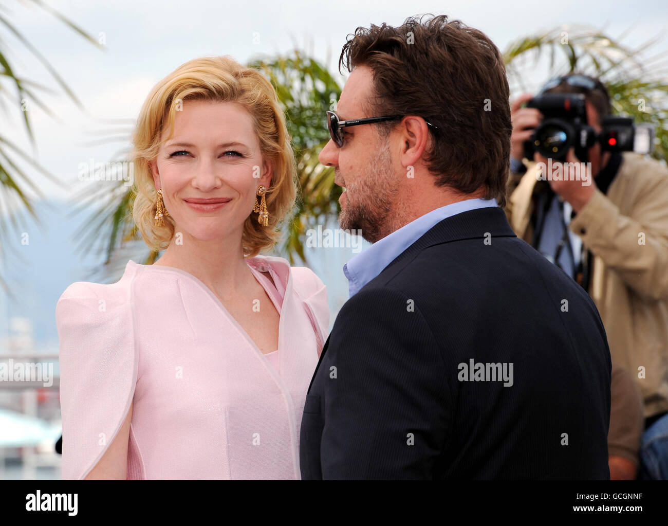 Cate Blanchett (left) and Russell Crowe attend a photocall for Robin Hood in Cannes, France. The title will open the Cannes Film Festival as it is screened out of competition. Stock Photo