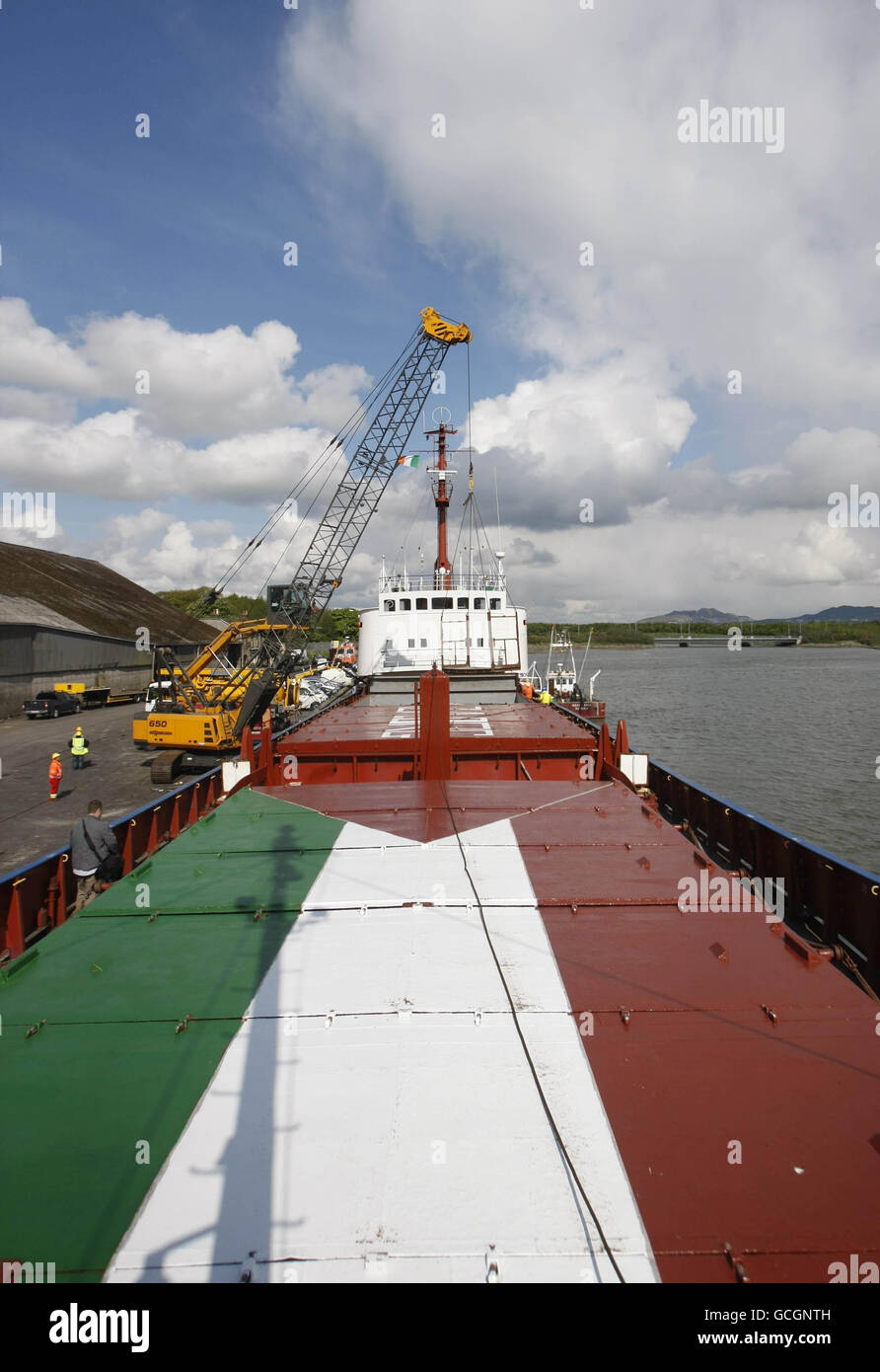 Medical supplies are loaded into the Cargo ship the MV Rachel Corrie
