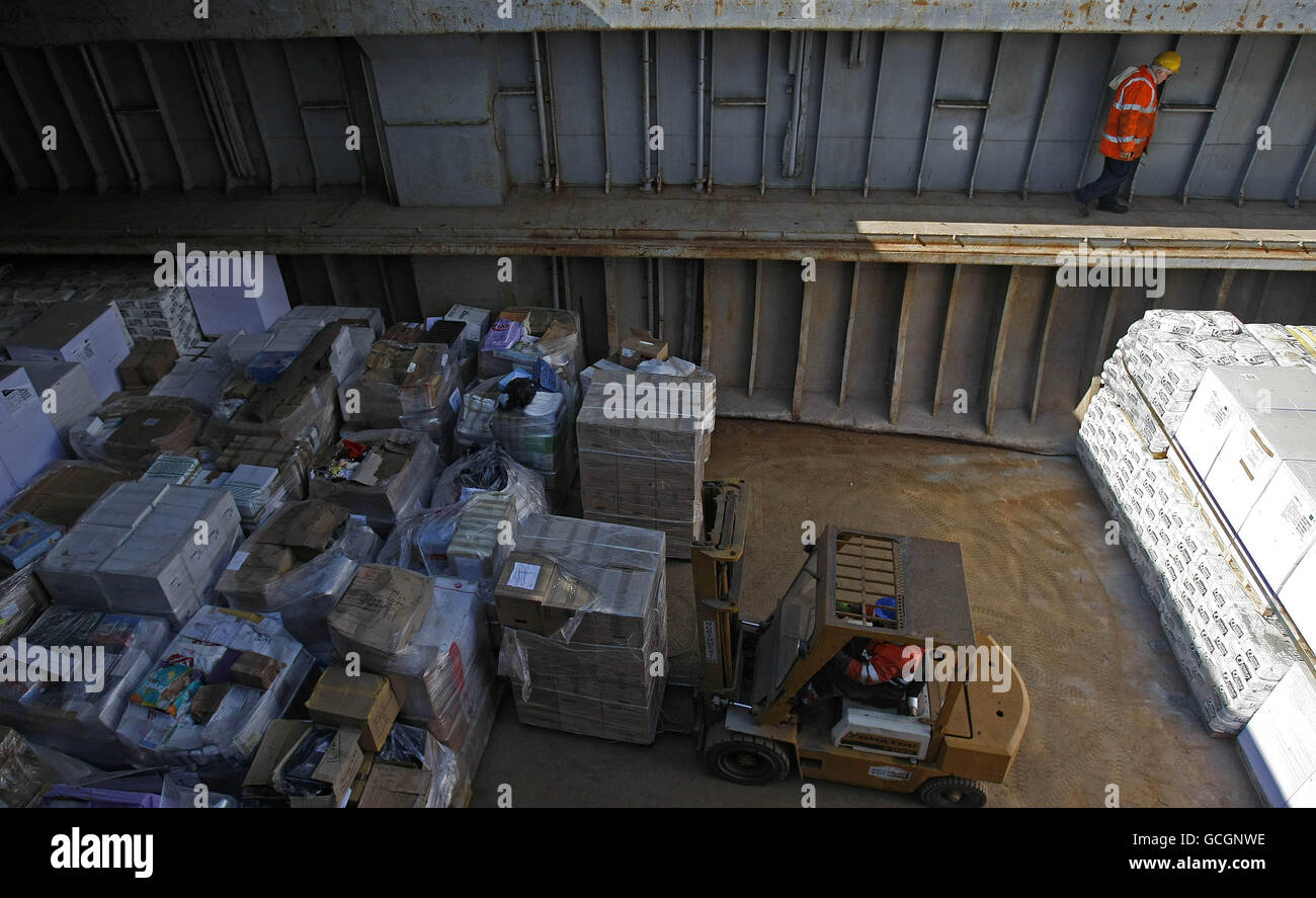 Medical supplies are loaded into the Cargo ship the MV Rachel Corrie