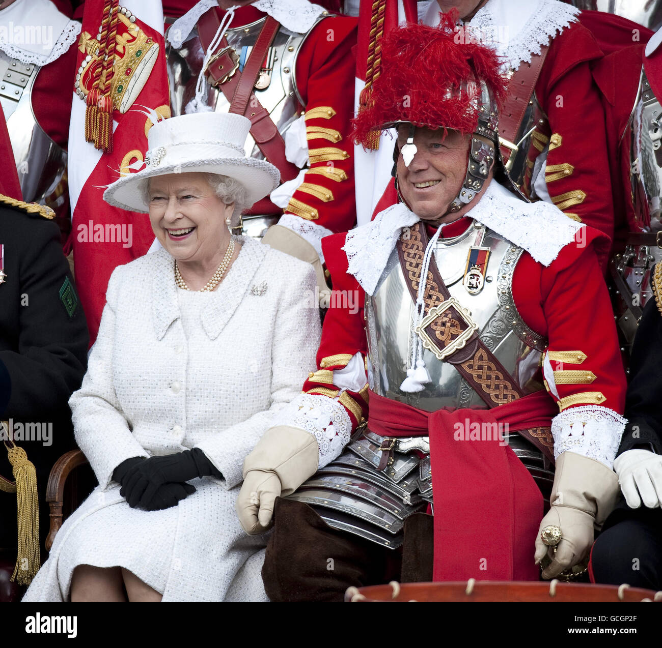 Queen Elizabeth II with Major Paul Champness, Captain of the Pikemen and Musketeers of the Honourable Artillery Company at Armoury House, in central London. Stock Photo