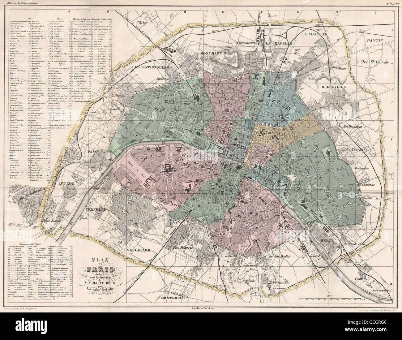 PARIS.Antique town city plan.Arrondissements.Fortifications.MALTE-BRUN, 1852 map Stock Photo