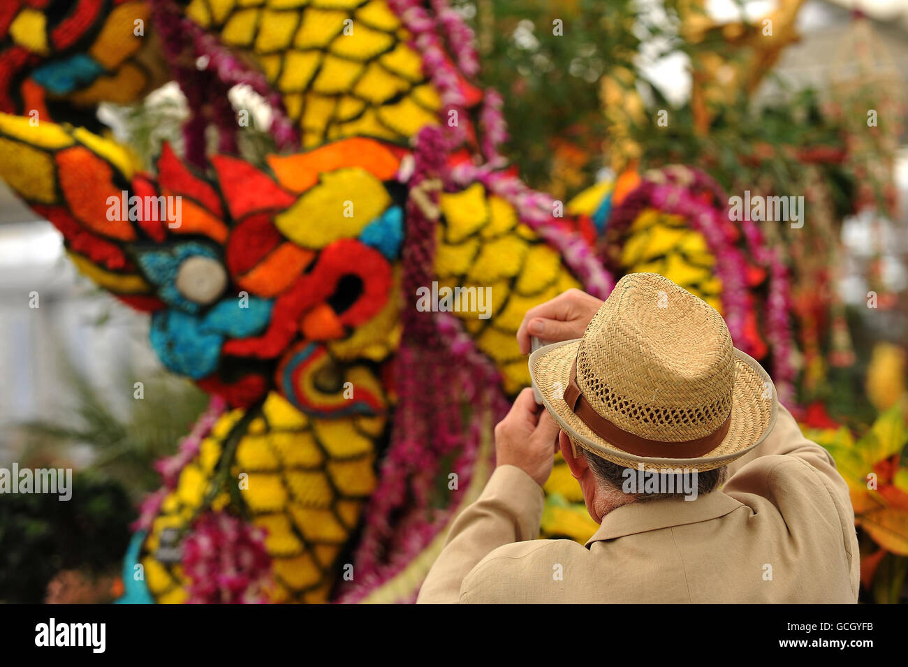 A visitor photographs a Naga serpent dragon formed from orchid petals, in the Nong Nooch Tropical Botanical Garden, at the RHS Chelsea Flower Show. Stock Photo