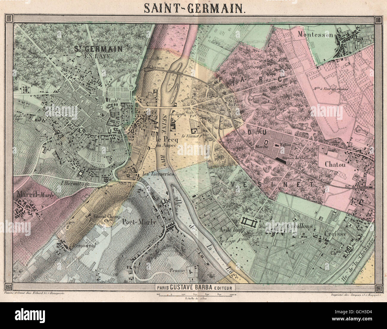 ST-GERMAIN-EN-LAYE & environs Yvelines 1907 map Marly-le-Roi Forêt Vesinet 