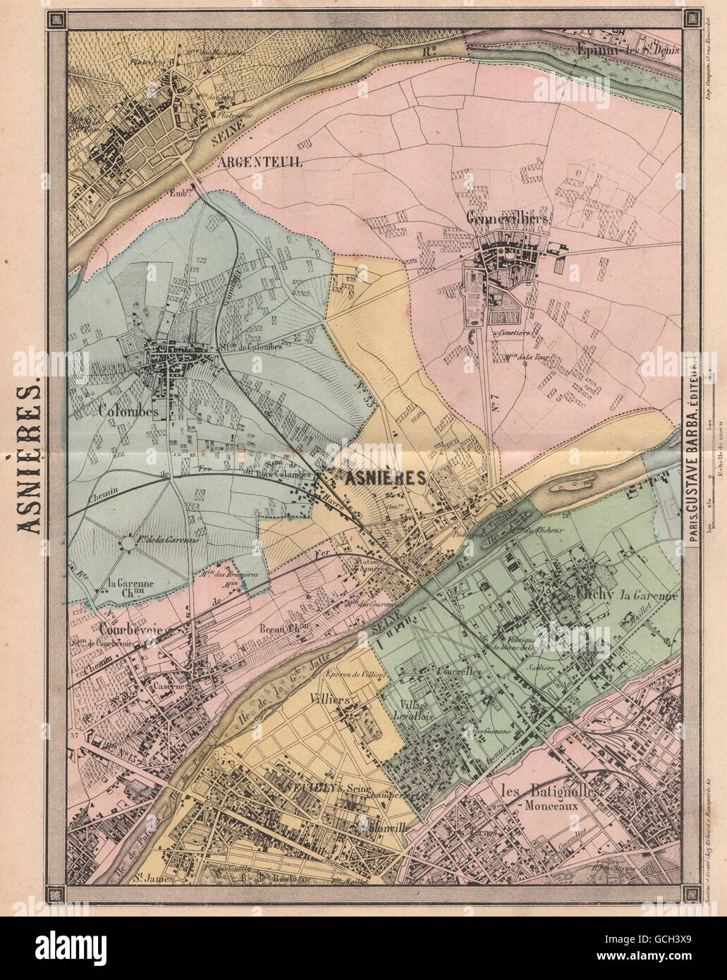PARIS. Asnières Neuilly Courbevoie Argenteuil Colombes Clichy Levallois 1860 map Stock Photo