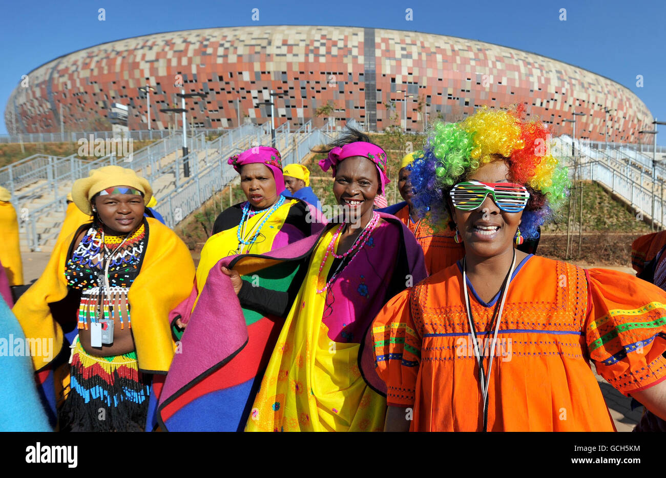 African Dancers outside The Soccer City Stadium in Johannesburg, South Africa during rehearsals for the World Cup opening ceremony. Stock Photo