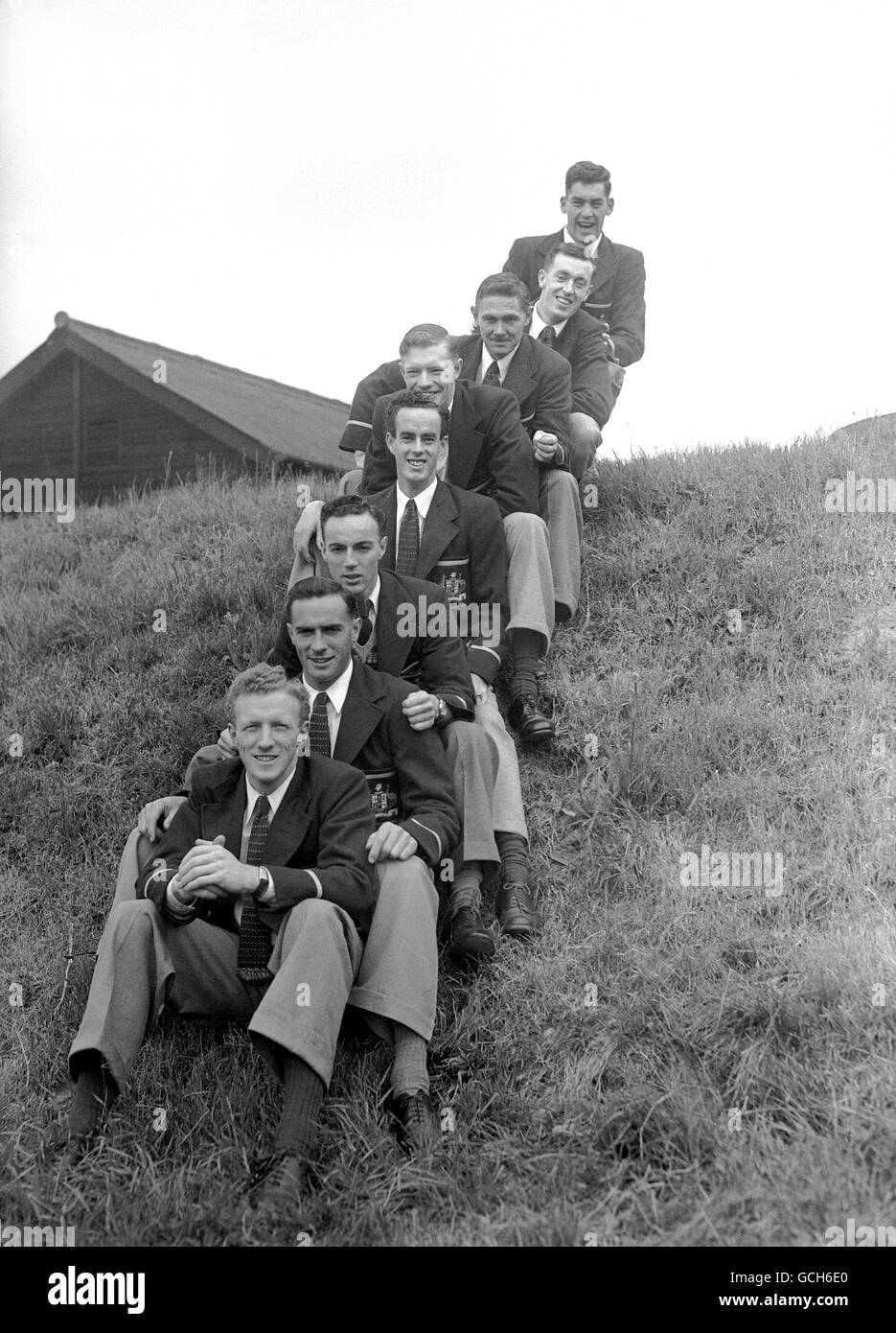 Olympic Teams arrive at Richmond Park, Surrey. Bottom to Top: John Bartram, Les Mckeand, Morris Curotta, Charles R Green, John Metcalf, John Winter and Raymond Weinberg Stock Photo