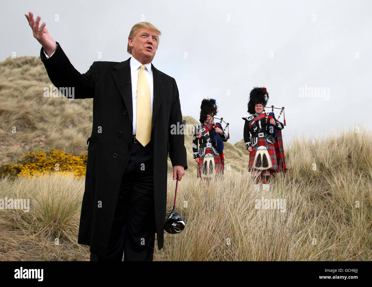 Donald Trump on the Menie Estate, where his controversial luxury golf resort will be built. The coastal resort in Balmedie, Aberdeenshire, will have two golf courses, a 450-bedroom hotel, 950 holiday apartments and 500 residential homes. Stock Photo