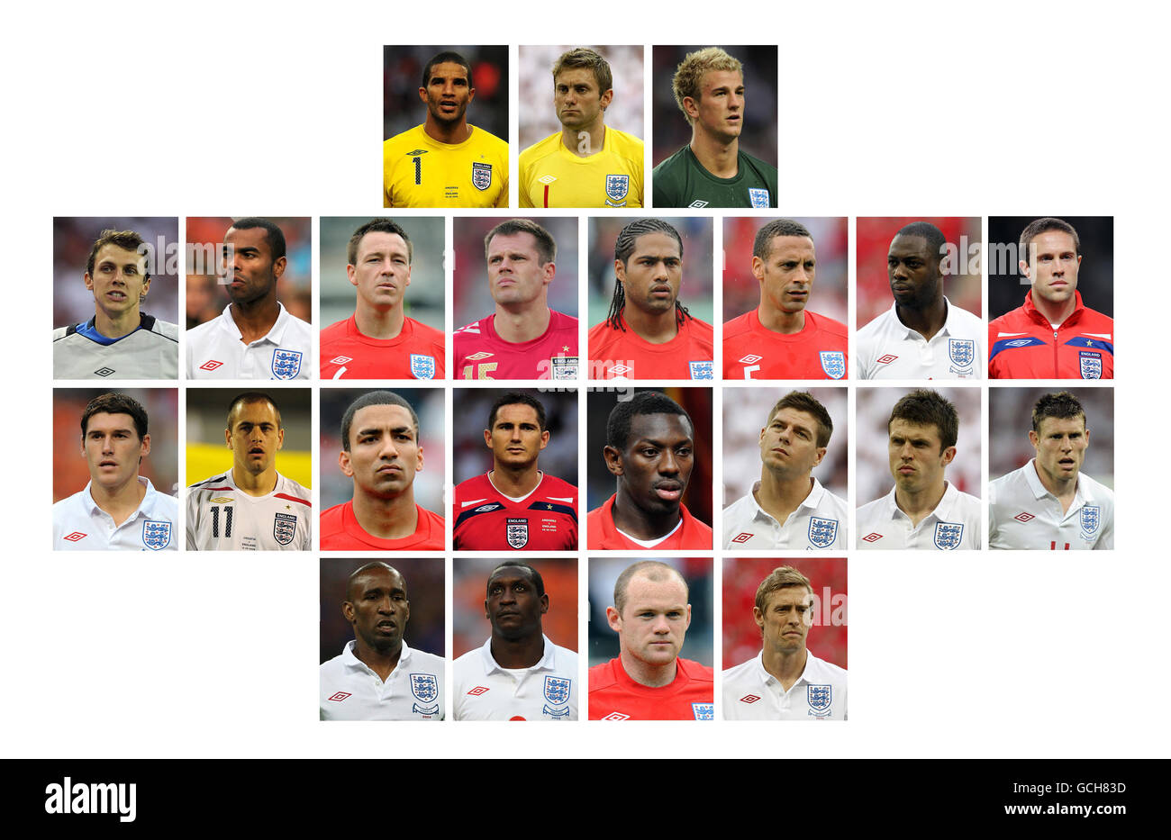 Composite picture of the 23 man England squad for the 2010 World Cup in South Africa. Goalkeepers (top row from left) David James, Robert Green, Joe Hart. Defenders (second row from left) Stephen Warnock, Ashley Cole, John Terry, Jaime Carragher, Glen Johnson, Rio Ferdinand, Ledley King, Matthew Upson. Midfielders (third row from left) Gareth Barry, Joe Cole, Aaron Lennon, Frank Lampard, Shaun Wright-Phillips, Steven Gerrard, Michael Carrick, James Milner. Forwards (bottom row from left) Jermain Defoe, Emile Heskey, Wayne Rooney, Peter Crouch. Stock Photo