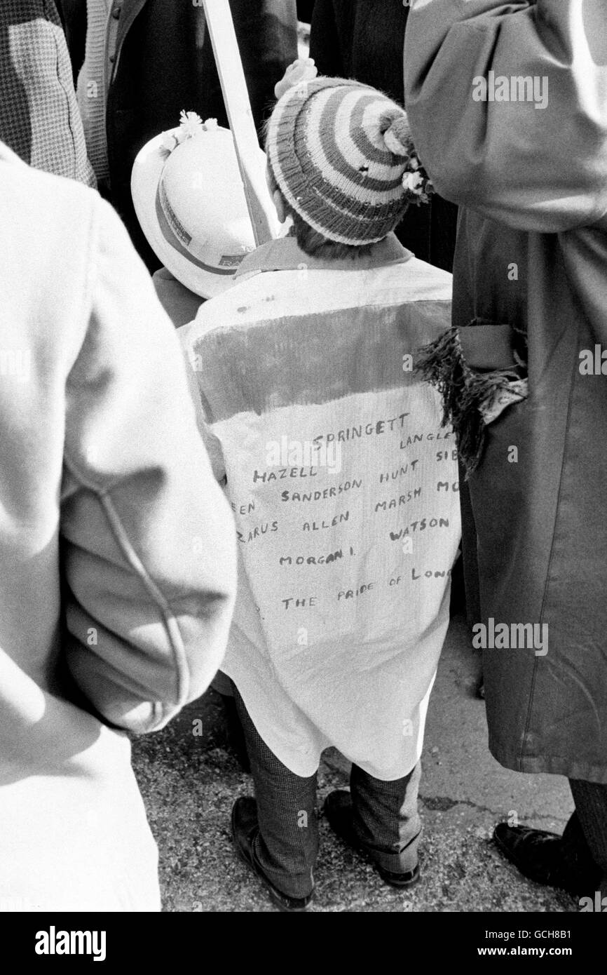 A Queens Park Rangers fan pays homage to the team who got them to the League Cup Final. Known as his 'Pride of London' are Peter Springett, Tony Hazell, Jim Langley, Mike Keen, Keith Sanderson, Ron Hunt, Frank Sibley, Mark Lazarus, Les Allen, Rodney Marsh, Roger Morgan, Ian Morgan and Ian Watson Stock Photo