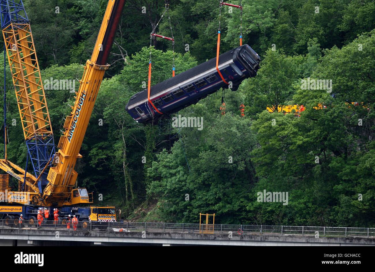 A carriage from the Scotrail train being removed from the banking near Cruachan Power station following the derailment on Monday night. Stock Photo