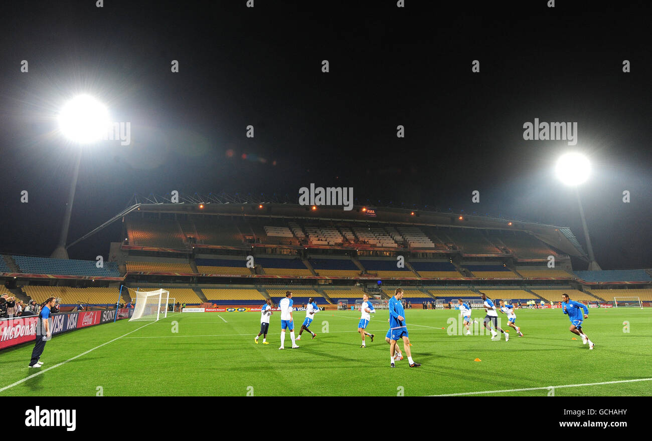 A general view as England players warm up during a training session at the Royal Bafokeng Stadium, Rustenburg, South Africa. Stock Photo