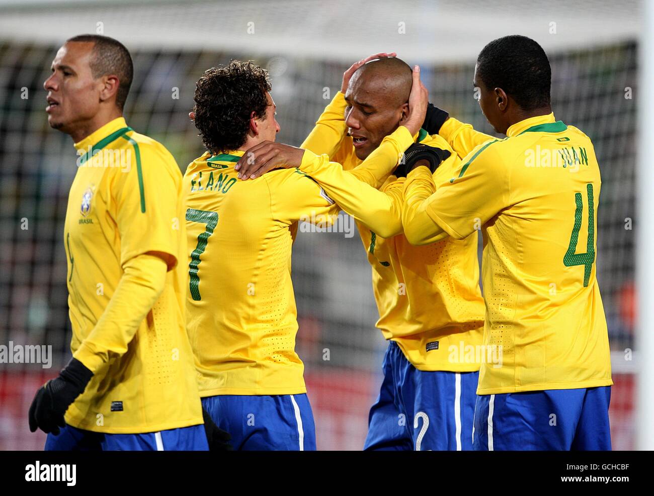 Brazil's Sisenando Maicon (right centre) celebrates with his team mates after scoring his sides first goal of the game Stock Photo