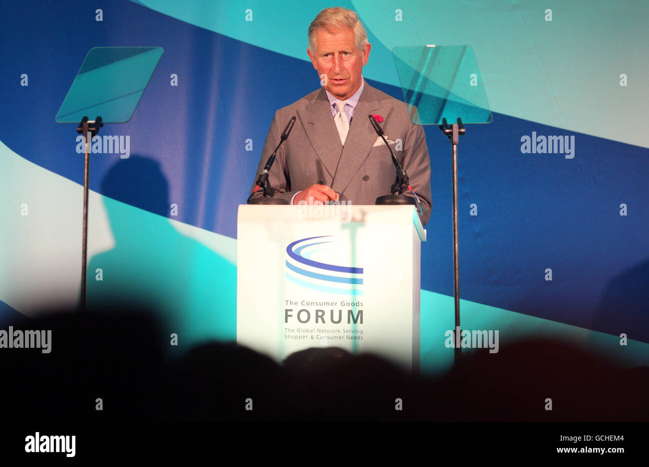Britain's Prince Charles addresses The Consumer Goods Forum's Summit at the Queen Elizabeth II Conference Centre, London. Stock Photo