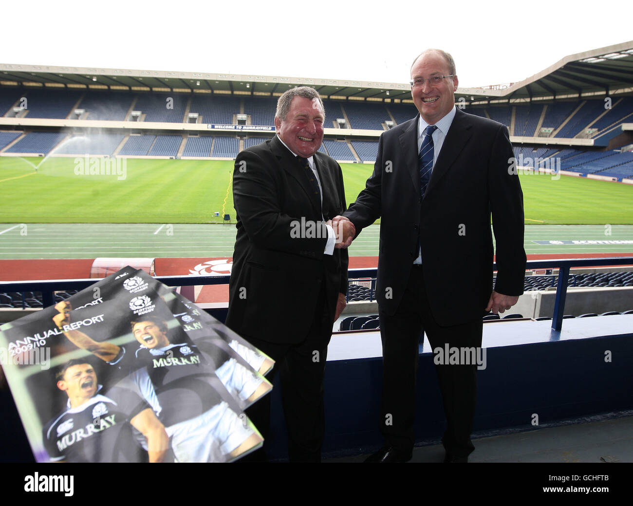 Ian McLauchlan is welcomed as President of the Scottish Rugby Union by Chief Executive Gordon McKie during the AGM at Murrayfield, Edinburgh. Stock Photo