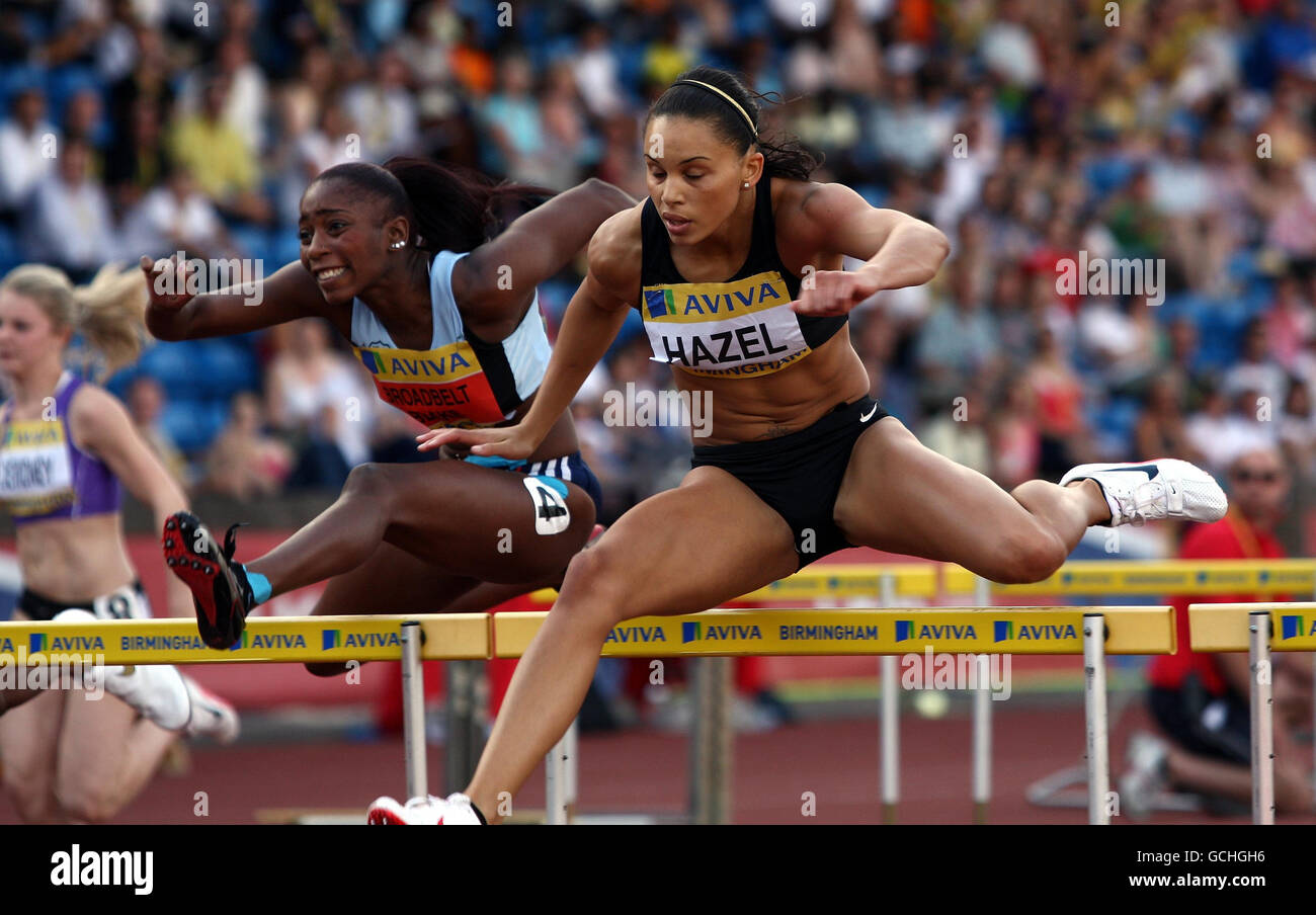 Louise Hazell on her way to victory in the Womens 100m Hurdles during