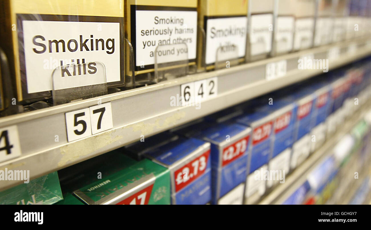 Cigarettes on display in a shop in Glasgow, as a tobacco company launches a legal bid against a ban on the open display of cigarettes. Stock Photo