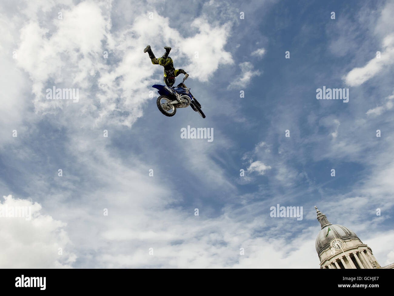 Riders in action at the Red Bull X-Fighters Jams in the Old Market Square, Nottingham. Stock Photo