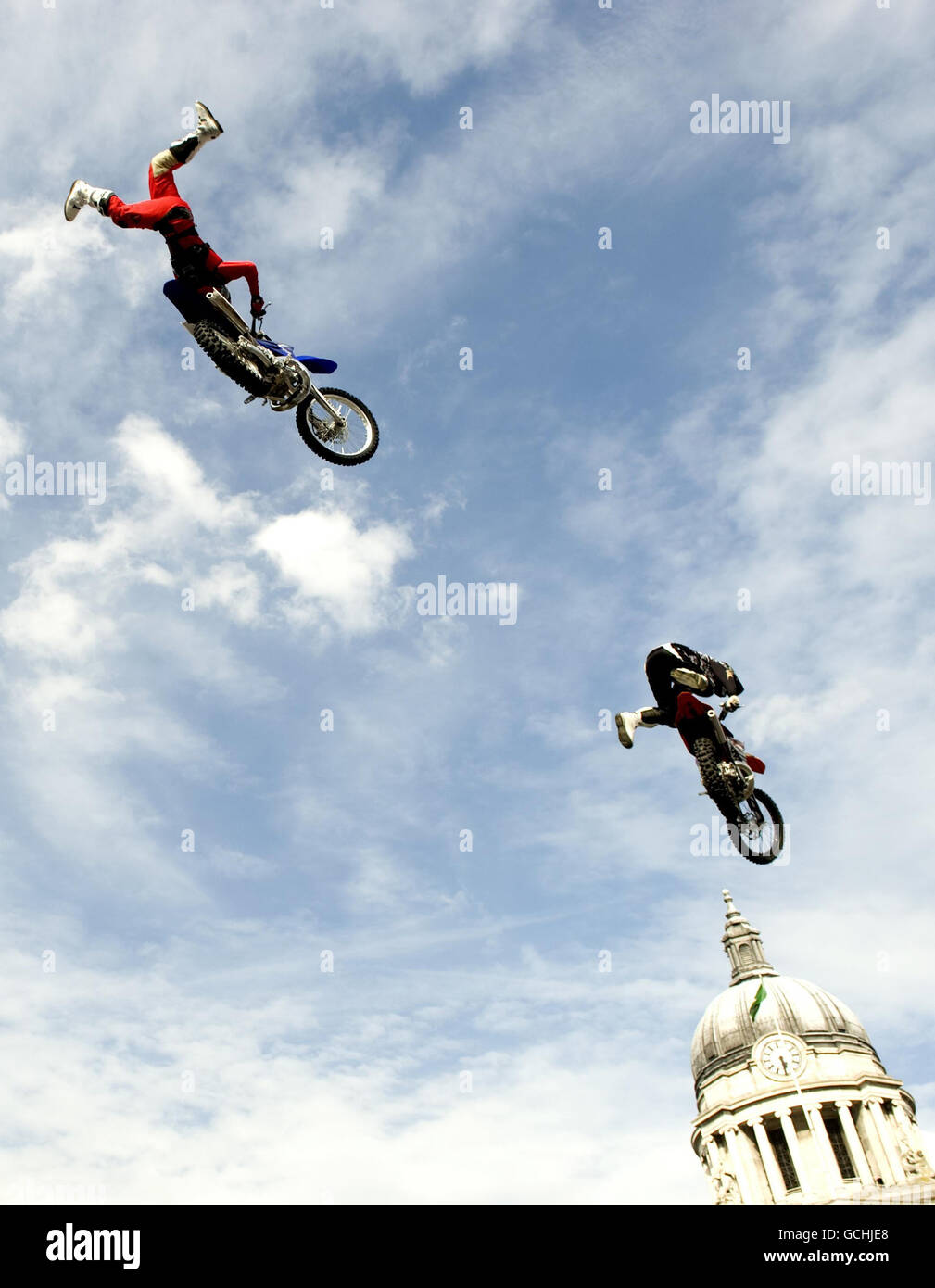 Riders in action at the Red Bull X-Fighters Jams in the Old Market Square, Nottingham. Stock Photo